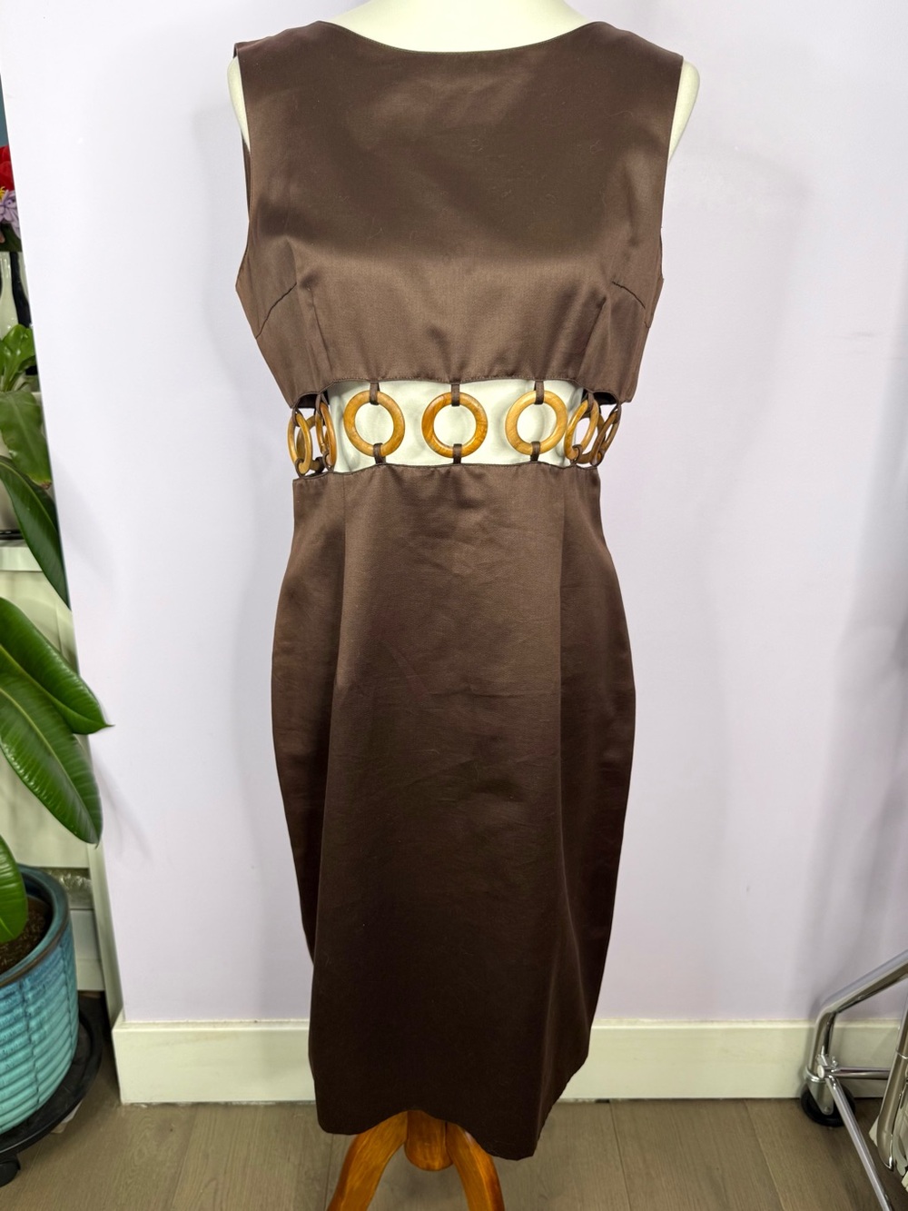 Rare Vintage Genny Italy Brown Dress with Cutouts and Wooden Hoops